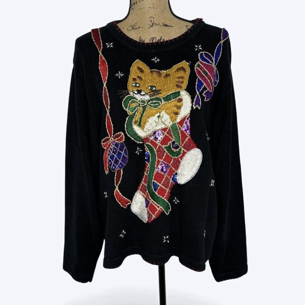 Vtg‎ BP Design Ugly Christmas Sweater Sz XXL Kitty Cat Stocking Sequins Holiday